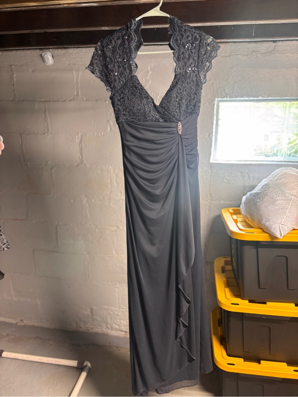 Taupe Lace-Top Prom Gown with Draped Skirt